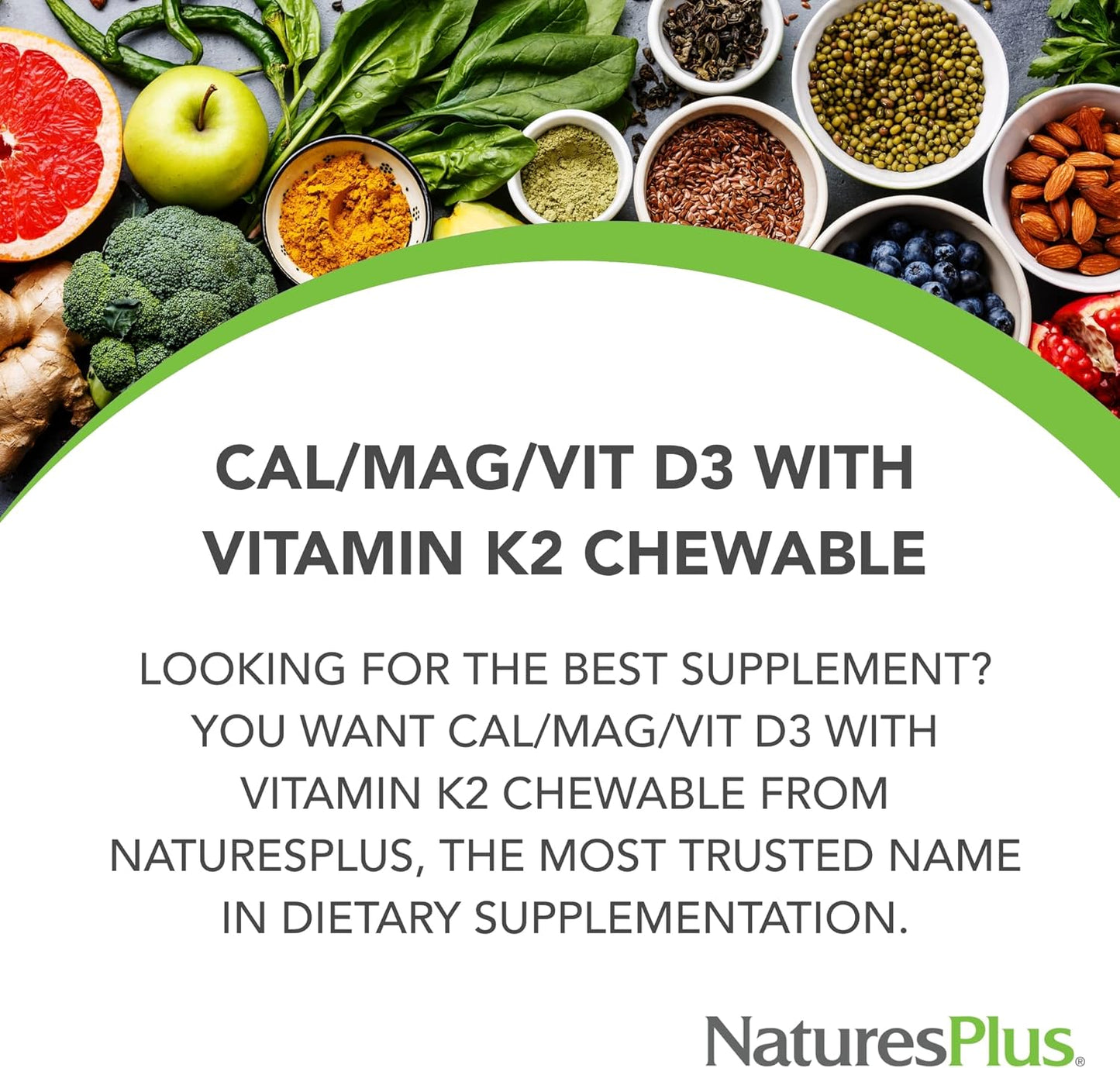 Natures Plus Cal/Mag/VIT D3 with Vitamin K2 Chewable Tablets - Chocolate Flavor - Bone Health Support Supplement - 30 Servings