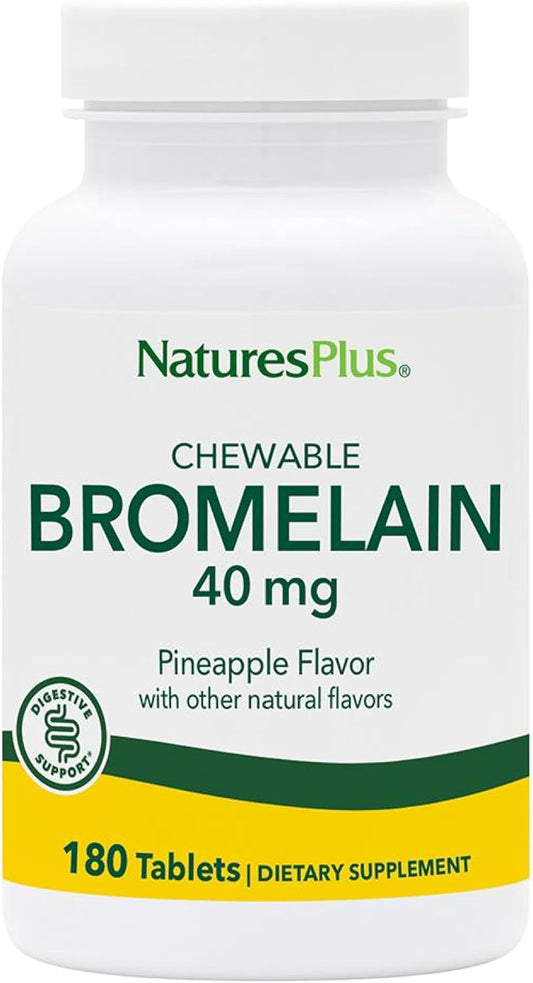 Natures Plus Chewable Bromelain Tablets - 40 mg - Natural Enzyme Supplement - 180 Chewable Tablets (180 Servings)
