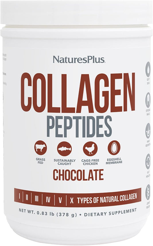 Natures Plus Chocolate Collagen Peptides Powder - 0.83 lb - Hair, Skin, Nail, Joint Health - Immune Support - Non-GMO, Gluten-Free - 14 Servings