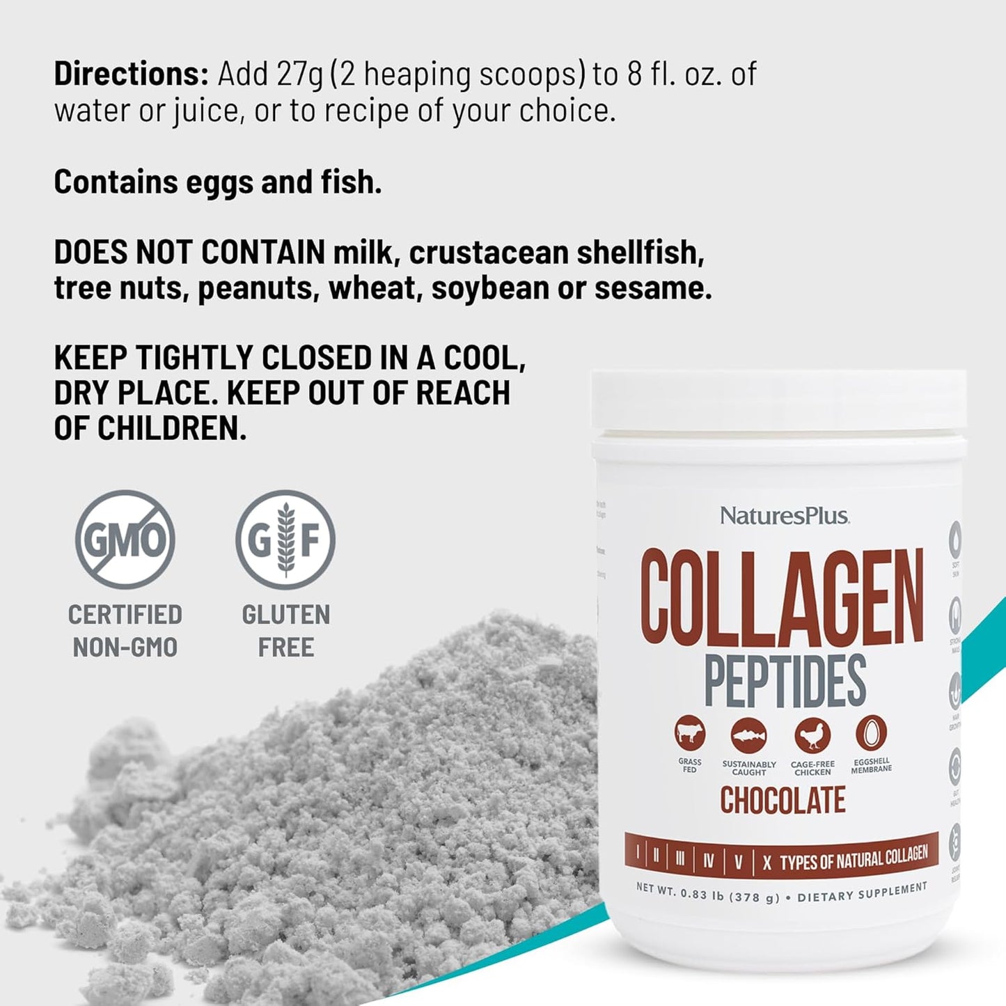 Natures Plus Chocolate Collagen Peptides Powder - 0.83 lb - Hair, Skin, Nail, Joint Health - Immune Support - Non-GMO, Gluten-Free - 14 Servings