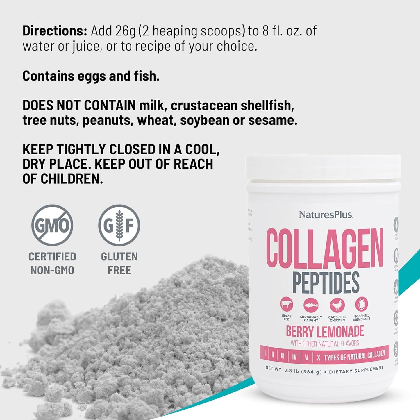Natures Plus Collagen Peptides Powder for Hair, Skin, Nails, Joints & Immune System - Berry Lemonade Flavor - Non-GMO & Gluten Free - 14 Servings