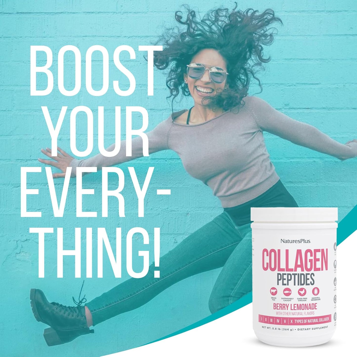 Natures Plus Collagen Peptides Powder for Hair, Skin, Nails, Joints & Immune System - Berry Lemonade Flavor - Non-GMO & Gluten Free - 14 Servings