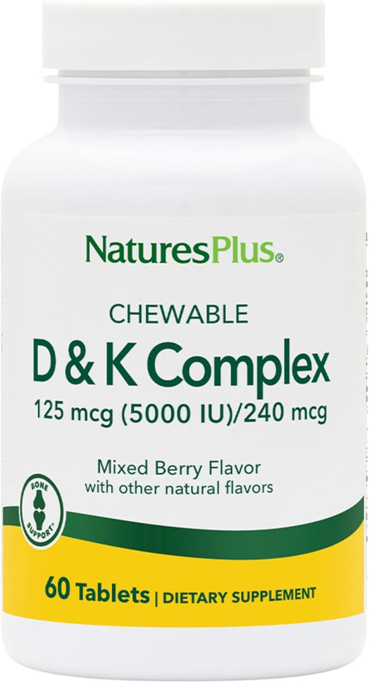 Natures Plus D & K Complex Chewables - Mixed Berry Flavor - Supports Calcium Metabolism - Vegetarian, Non-GMO - 60 Servings