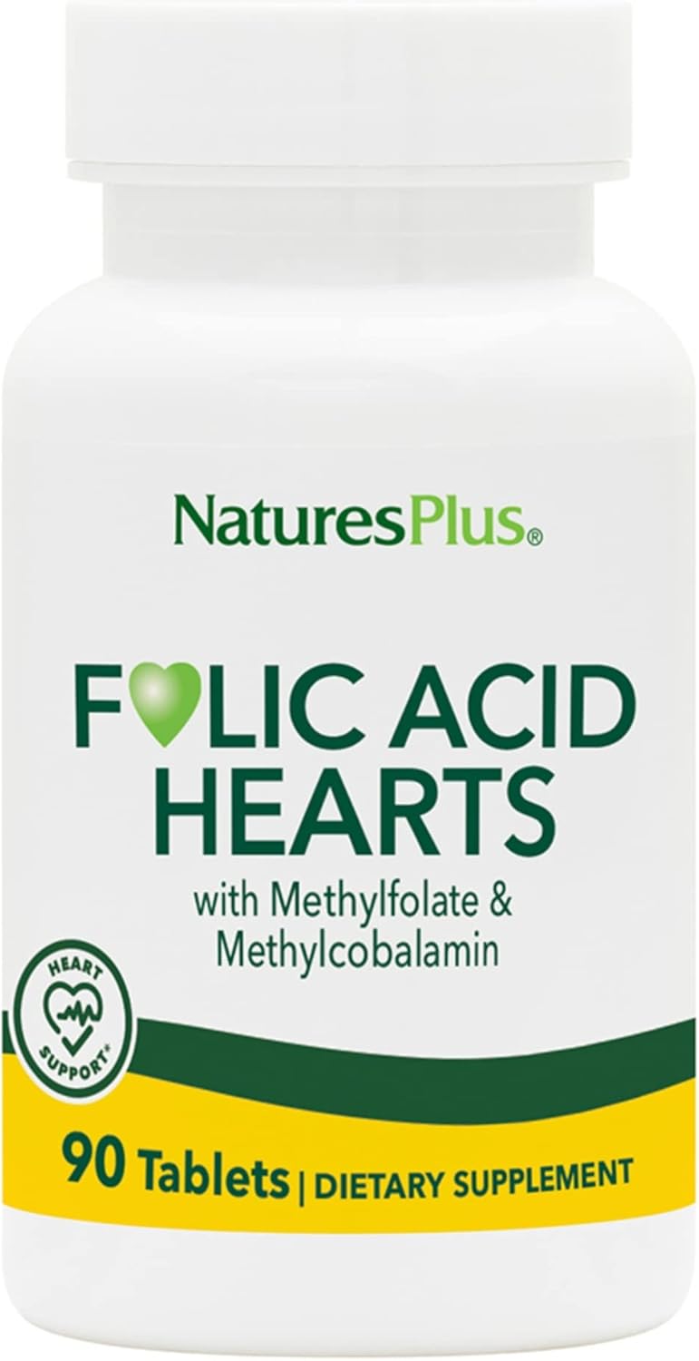 Natures Plus Folic Acid Hearts - 400 mcg Methylfolate Tablets with B6 & B12 - 90 Vegetarian Tablets, Gluten-Free