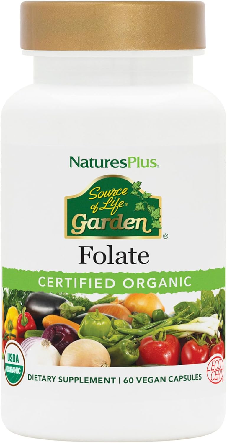 Natures Plus Garden Folate Capsules - 60 Vegan, Organic Servings - 100% DV Per Serving - USDA Certified
