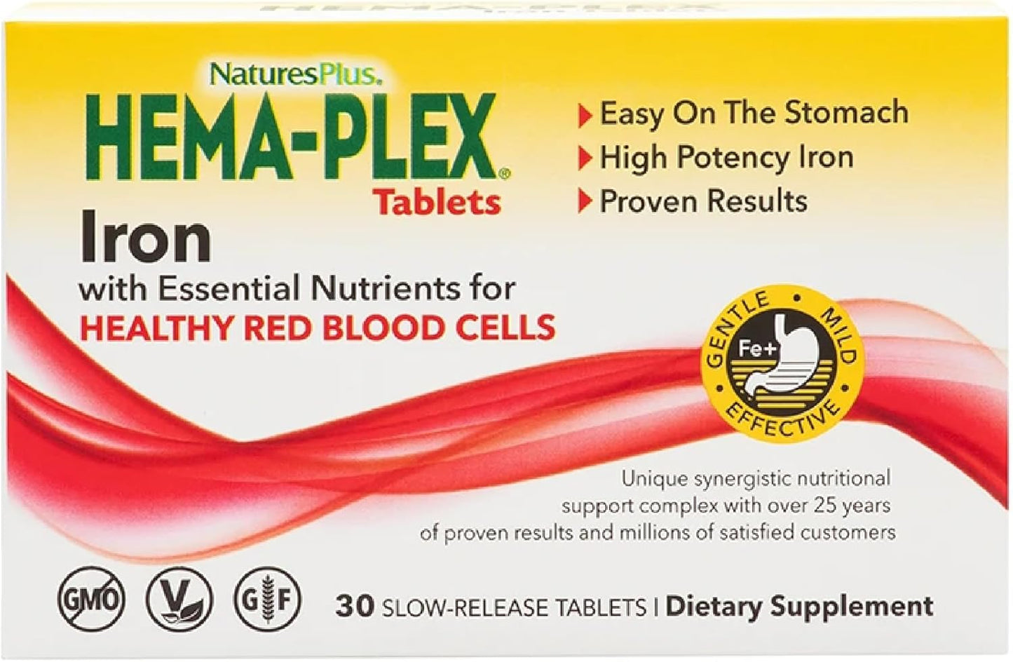 Natures Plus Hema-Plex Iron - 180 Servings, 85mg Chelated Iron with Vitamin C & Bioflavonoids - Non GMO, Vegetarian, Gluten Free - 30 Slow-Release Tablets x 6 Pack