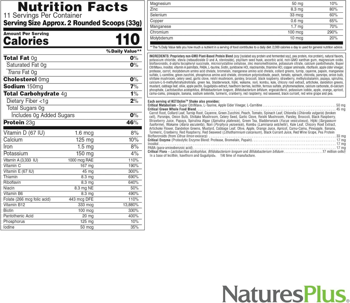 Natures Plus KETOSlim Vanilla Shake: Vegetarian Protein Powder for Keto & Diabetic Lifestyles - Gluten-Free Meal Replacement, Low Carb Plant-Based - 11 Servings