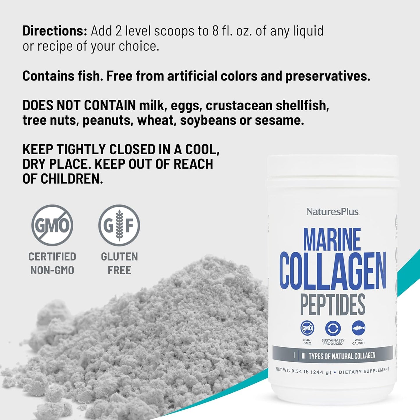 Natures Plus Marine Collagen Peptides for Hair, Skin, Nails, Joints - Unflavored, 0.54 lb - 20 Servings - Gluten Free, Non-GMO - Immune Support