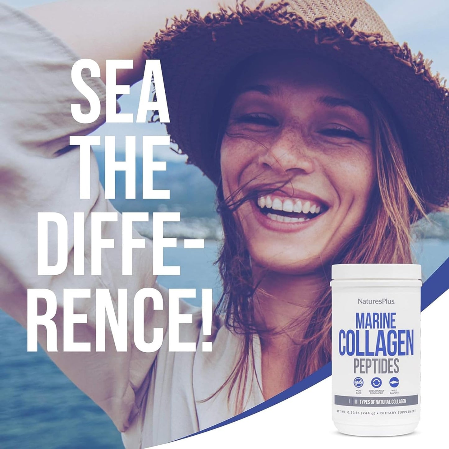 Natures Plus Marine Collagen Peptides for Hair, Skin, Nails, Joints - Unflavored, 0.54 lb - 20 Servings - Gluten Free, Non-GMO - Immune Support