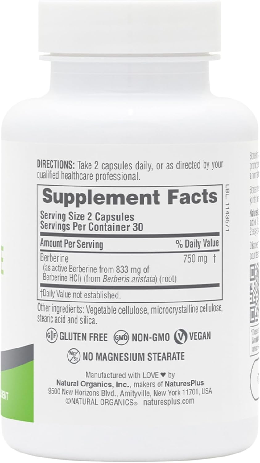 Natures Plus PRO Berberine Capsules 750mg - 60ct - Supports Metabolism - Non-GMO, Vegan, Gluten-Free - 30 Servings
