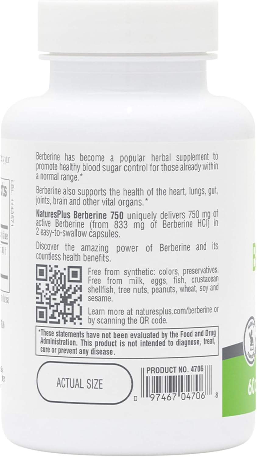 Natures Plus PRO Berberine Capsules 750mg - 60ct - Supports Metabolism - Non-GMO, Vegan, Gluten-Free - 30 Servings