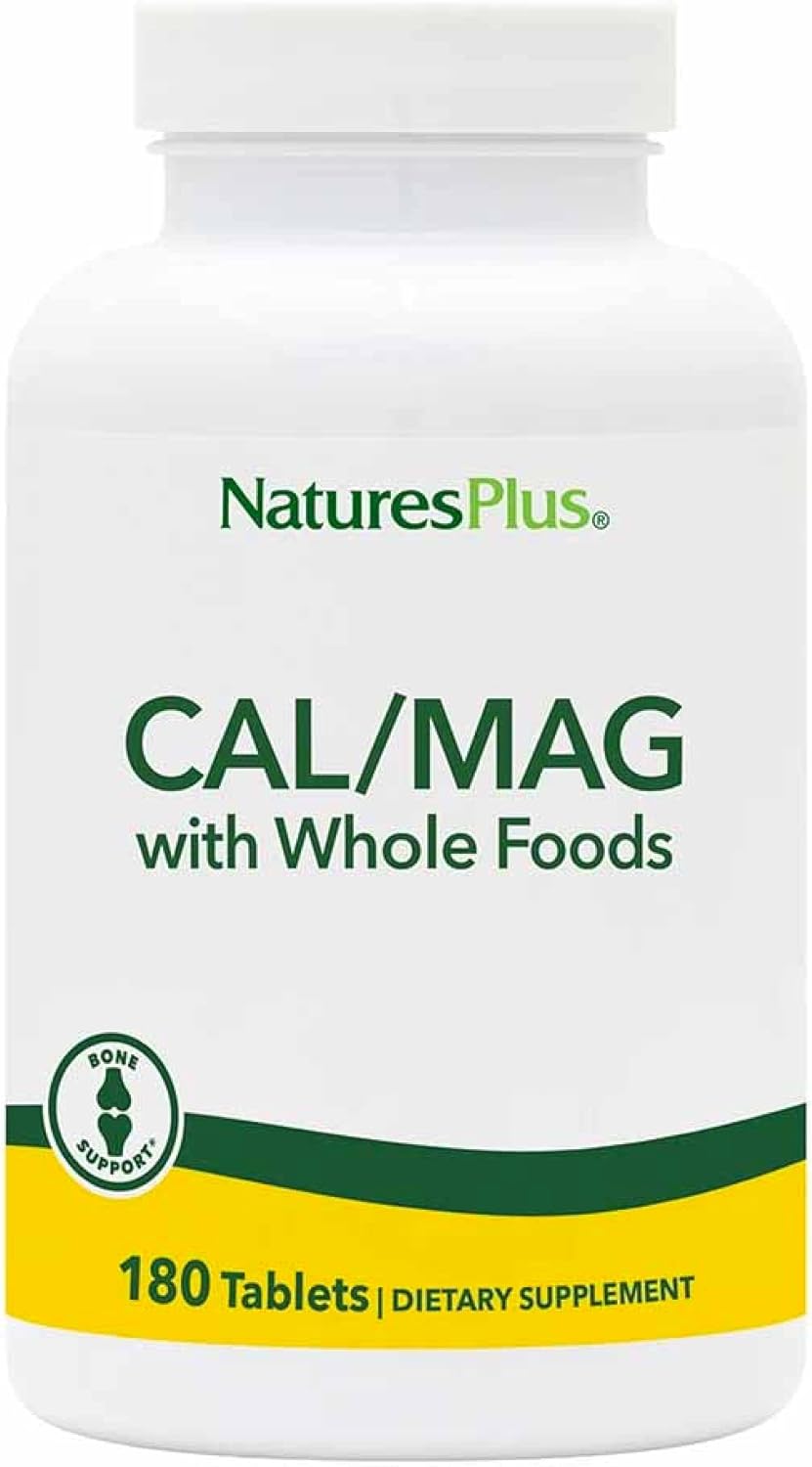 Natures Plus Source of Life Cal/Mag Mineral Supplement - 500mg Calcium, 250mg Magnesium, 180 Vegetarian Tablets - Whole Food, Bone Health - Gluten-Free, 90 Servings