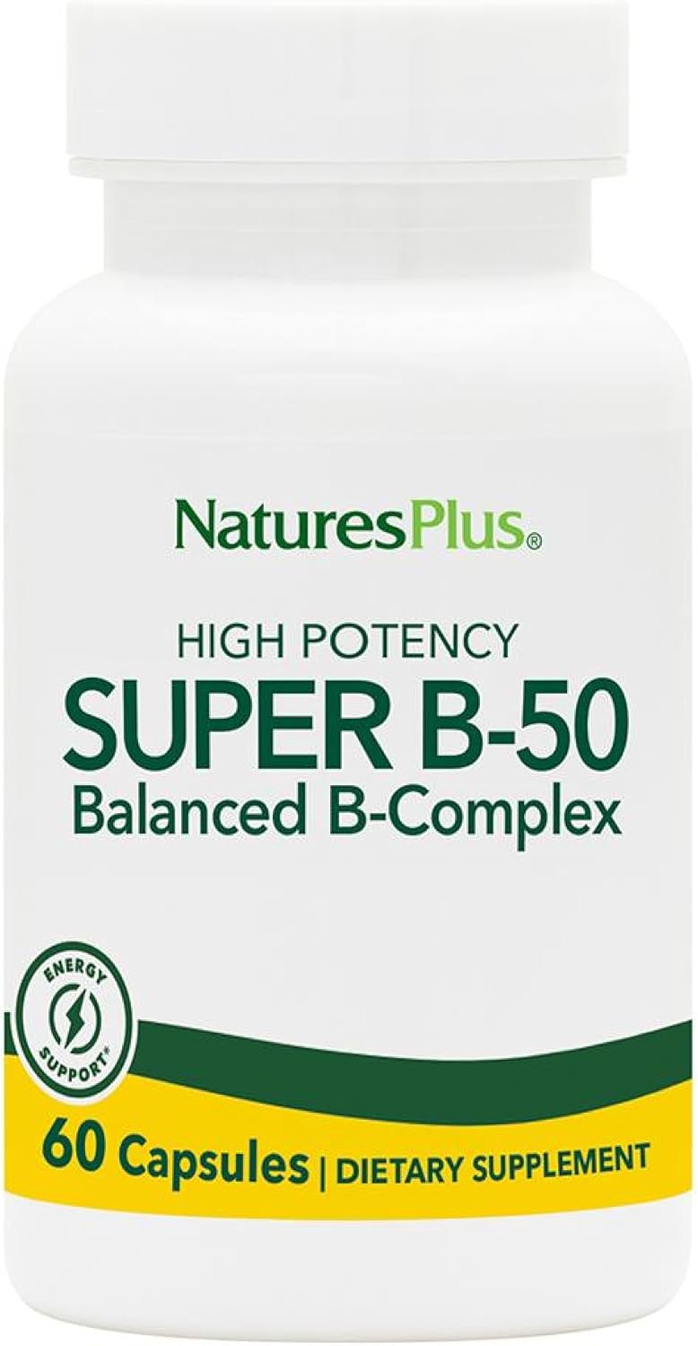 Natures Plus Super B50-60 High Potency B Complex Vitamin Vegetarian Capsules - Brain & Energy Booster - Gluten-Free - 60 Servings