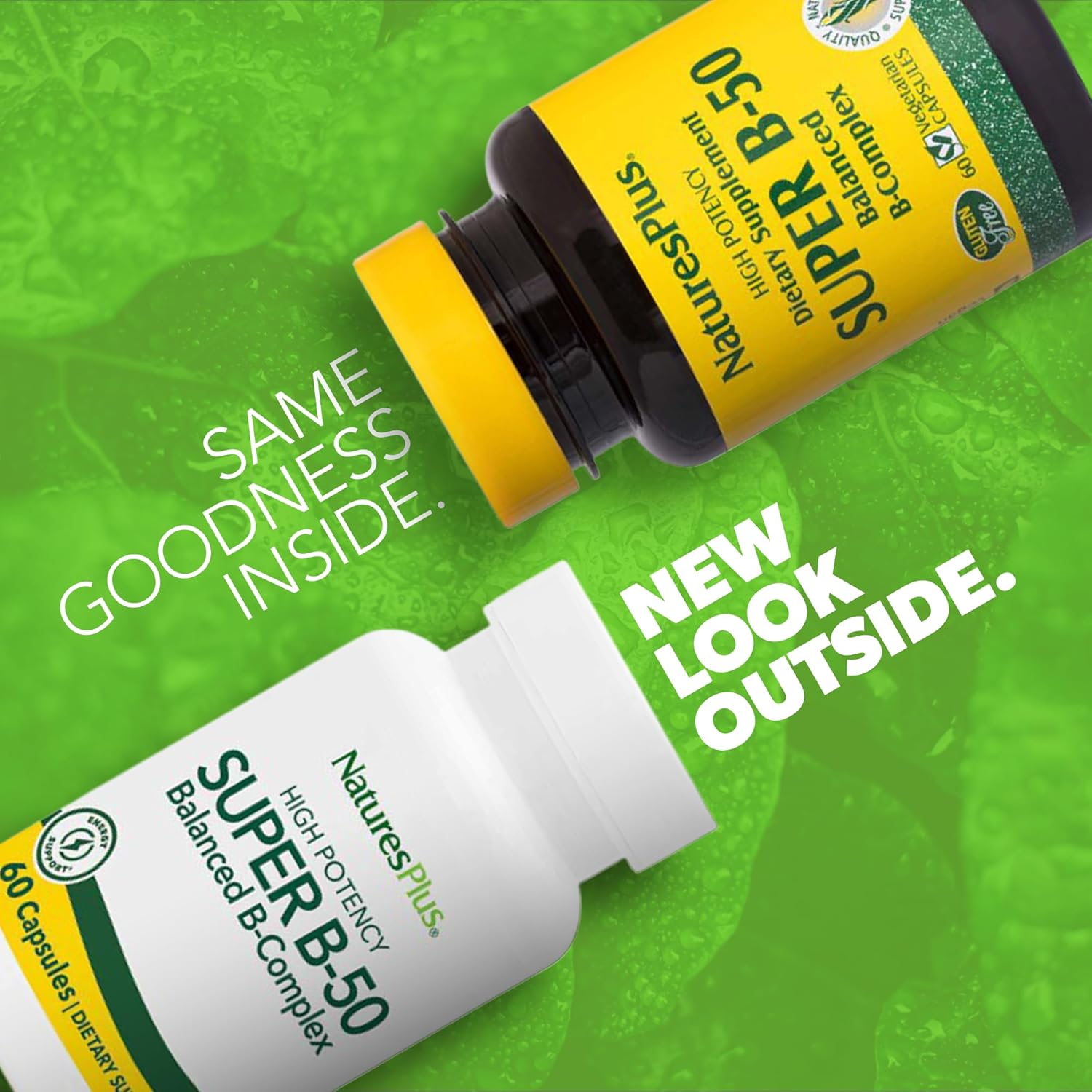 Natures Plus Super B50-60 High Potency B Complex Vitamin Vegetarian Capsules - Brain & Energy Booster - Gluten-Free - 60 Servings