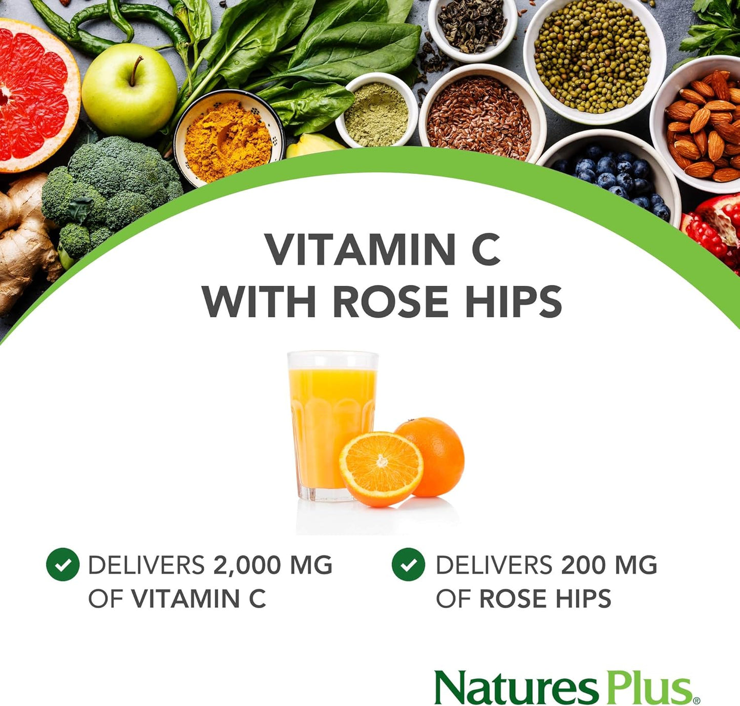 Natures Plus Ultra C with Rose HIPS 2000 mg Sustained Release - 60 Vegetarian Tablets - Immune Support and Antioxidant Protection - Gluten-Free