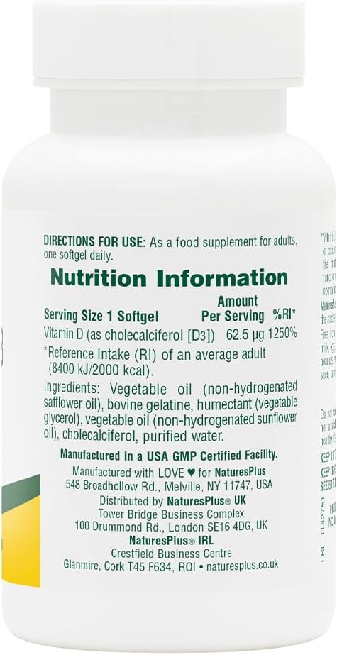 Natures Plus Vitamin D3 Softgels - 2500 iu, 90 Count - Bone, Heart & Immune Support - Gluten-Free - 90 Servings