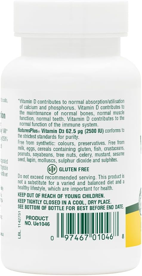 Natures Plus Vitamin D3 Softgels - 2500 iu, 90 Count - Bone, Heart & Immune Support - Gluten-Free - 90 Servings