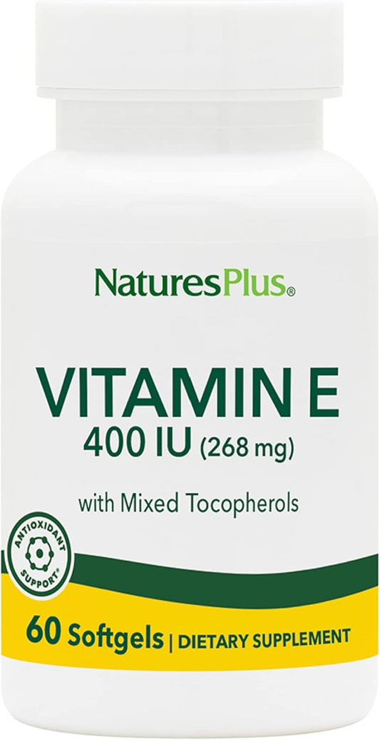 Natures Plus Vitamin E Softgels - 400 iu Mixed D-Tocopherol, Soybean Oil Derived Supplement - Gluten-Free Antioxidant Defense - 60 Servings
