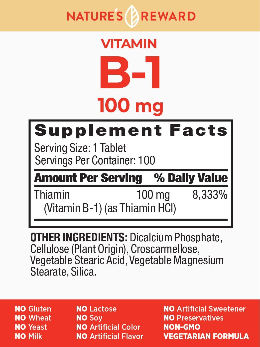 Nature's Reward Vitamin B1 100mg (Thiamine) - 100 Count Vegetarian Supplement