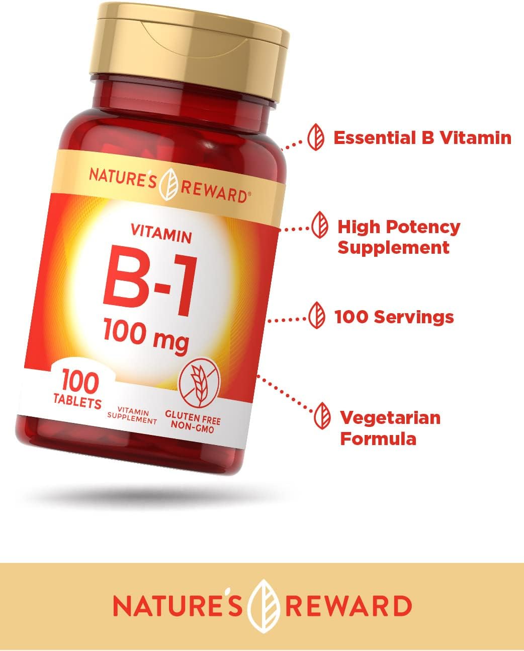 Nature's Reward Vitamin B1 100mg (Thiamine) - 100 Count Vegetarian Supplement