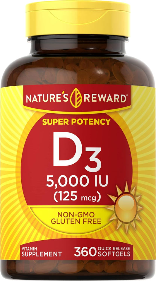 Nature's Reward Vitamin D3-5000 IU Softgels - 360 Count, Non-GMO, Gluten Free Supplement