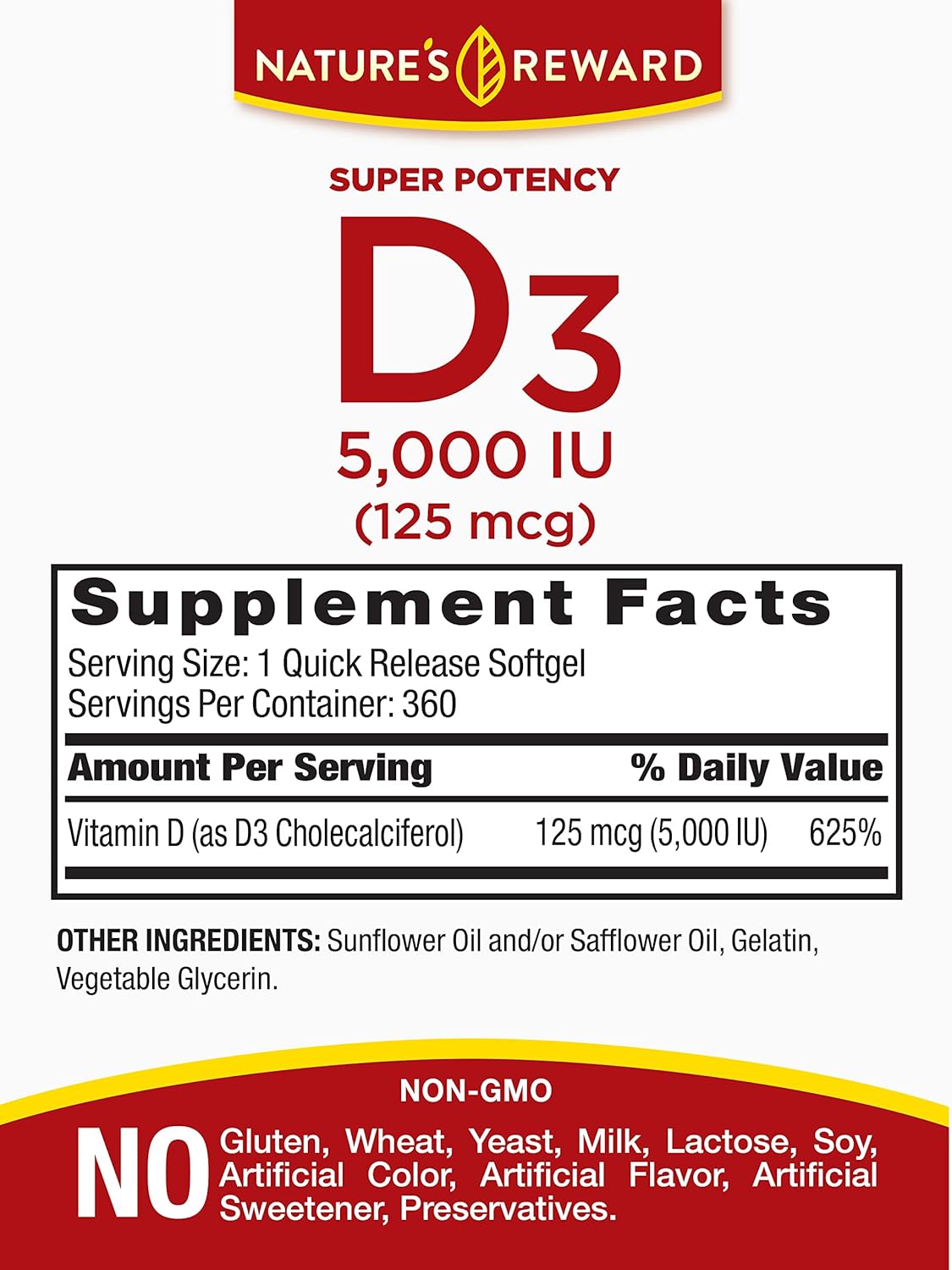 Nature's Reward Vitamin D3-5000 IU Softgels - 360 Count, Non-GMO, Gluten Free Supplement