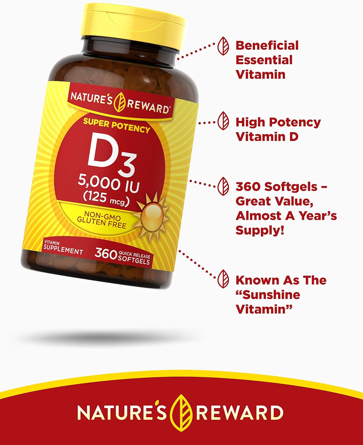 Nature's Reward Vitamin D3-5000 IU Softgels - 360 Count, Non-GMO, Gluten Free Supplement