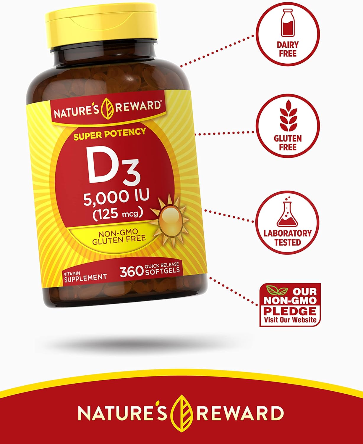 Nature's Reward Vitamin D3-5000 IU Softgels - 360 Count, Non-GMO, Gluten Free Supplement