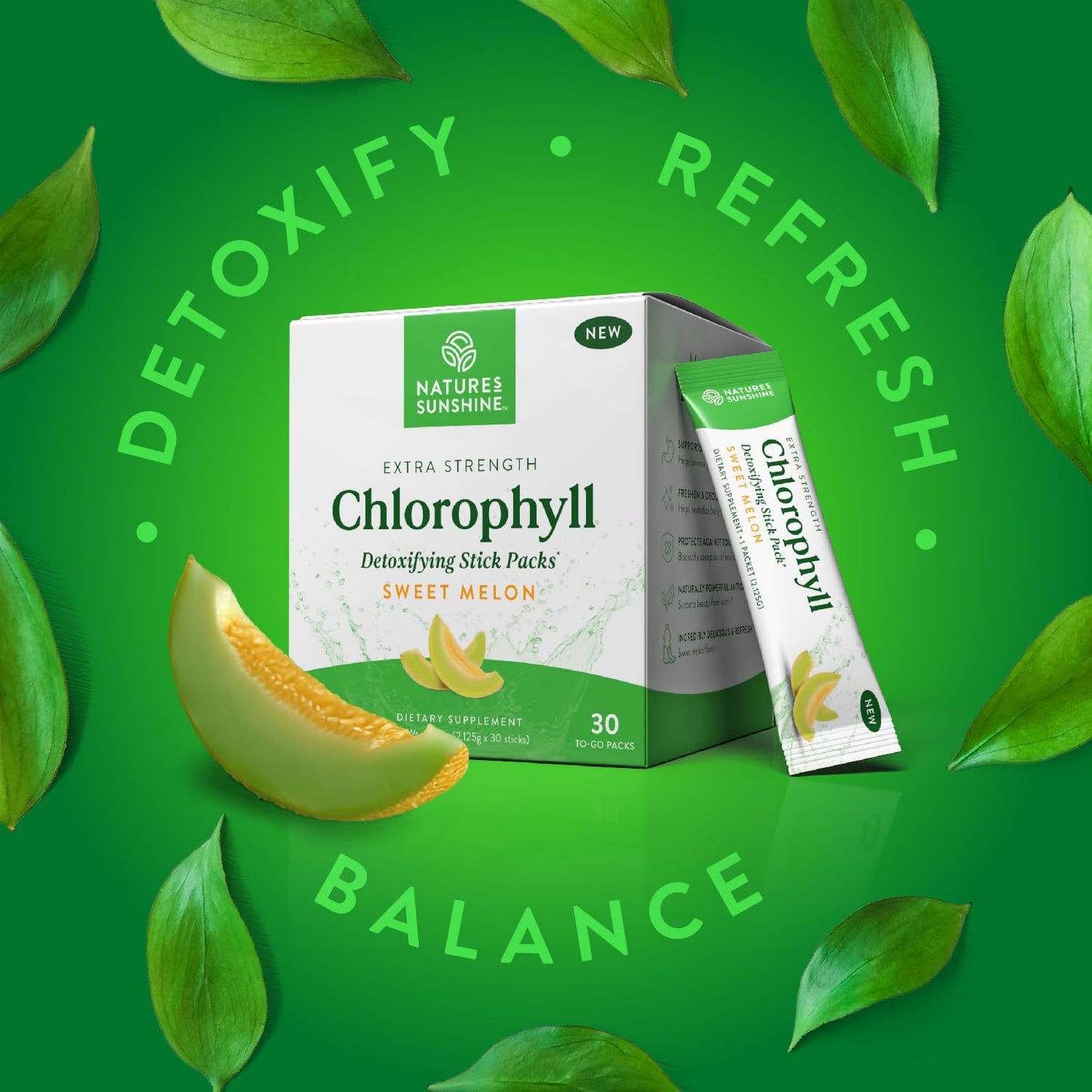 Nature's Sunshine Chlorophyll Stick Packs: Sweet Melon Flavored Detox and Gut Health Booster in Convenient Packaging