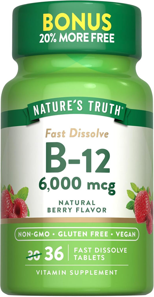 Nature's Truth B12 Vitamin 6000 mcg Fast Dissolve Tablets - Methylcobalamin, Natural Berry Flavor - Vegan, Non-GMO, Gluten Free
