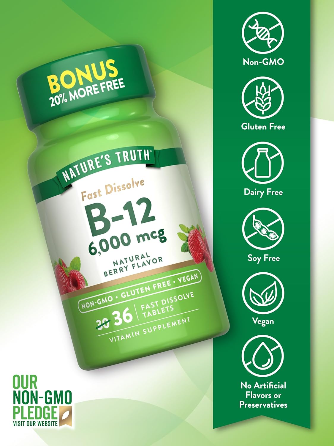 Nature's Truth B12 Vitamin 6000 mcg Fast Dissolve Tablets - Methylcobalamin, Natural Berry Flavor - Vegan, Non-GMO, Gluten Free