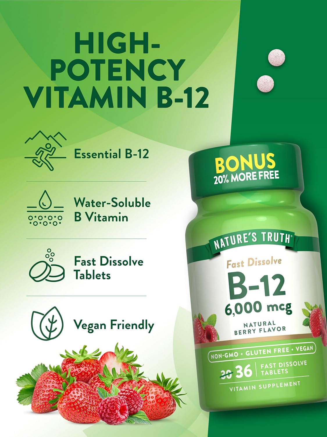 Nature's Truth B12 Vitamin 6000 mcg Fast Dissolve Tablets - Methylcobalamin, Natural Berry Flavor - Vegan, Non-GMO, Gluten Free