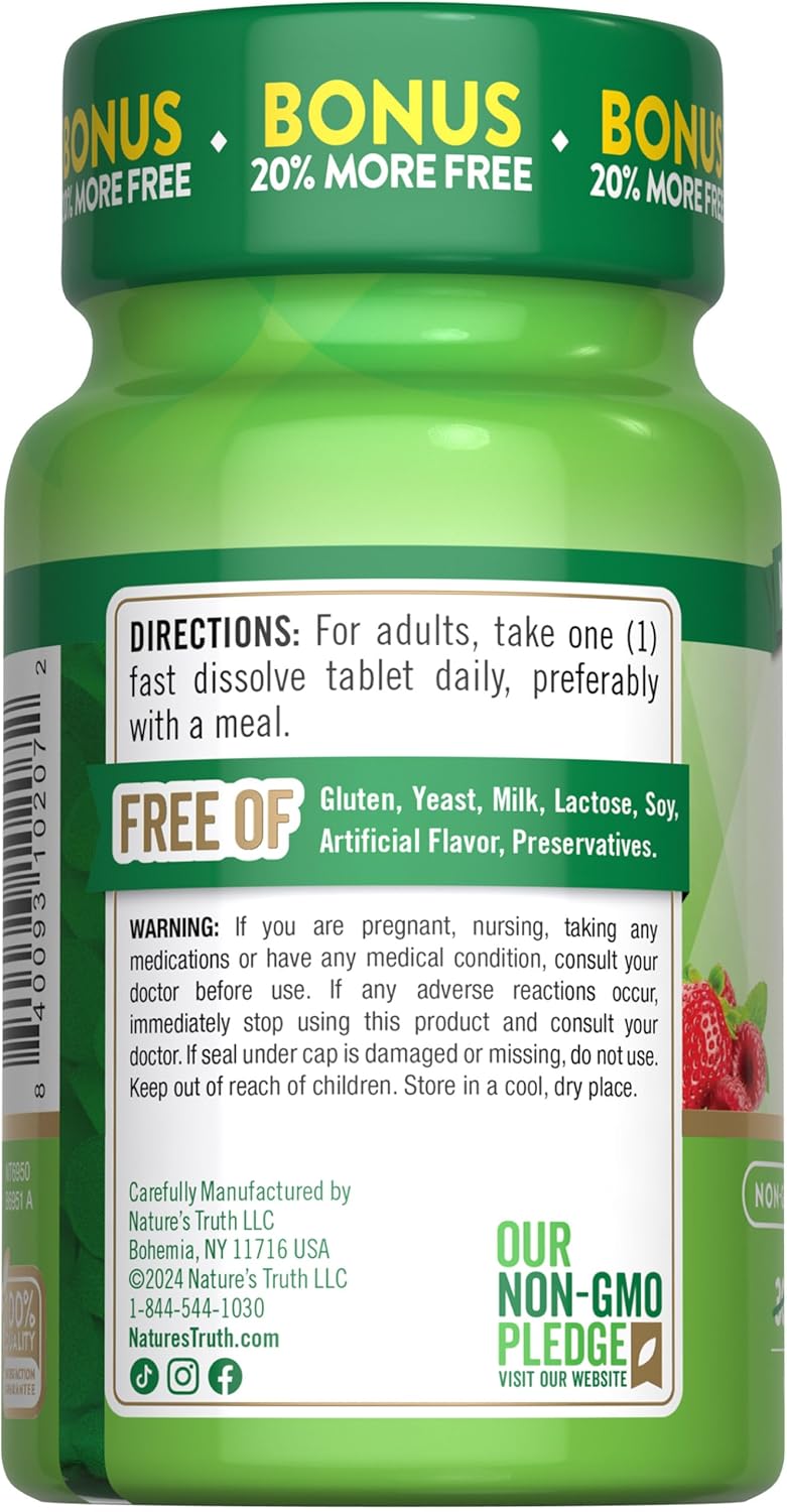 Nature's Truth B12 Vitamin 6000 mcg Fast Dissolve Tablets - Methylcobalamin, Natural Berry Flavor - Vegan, Non-GMO, Gluten Free