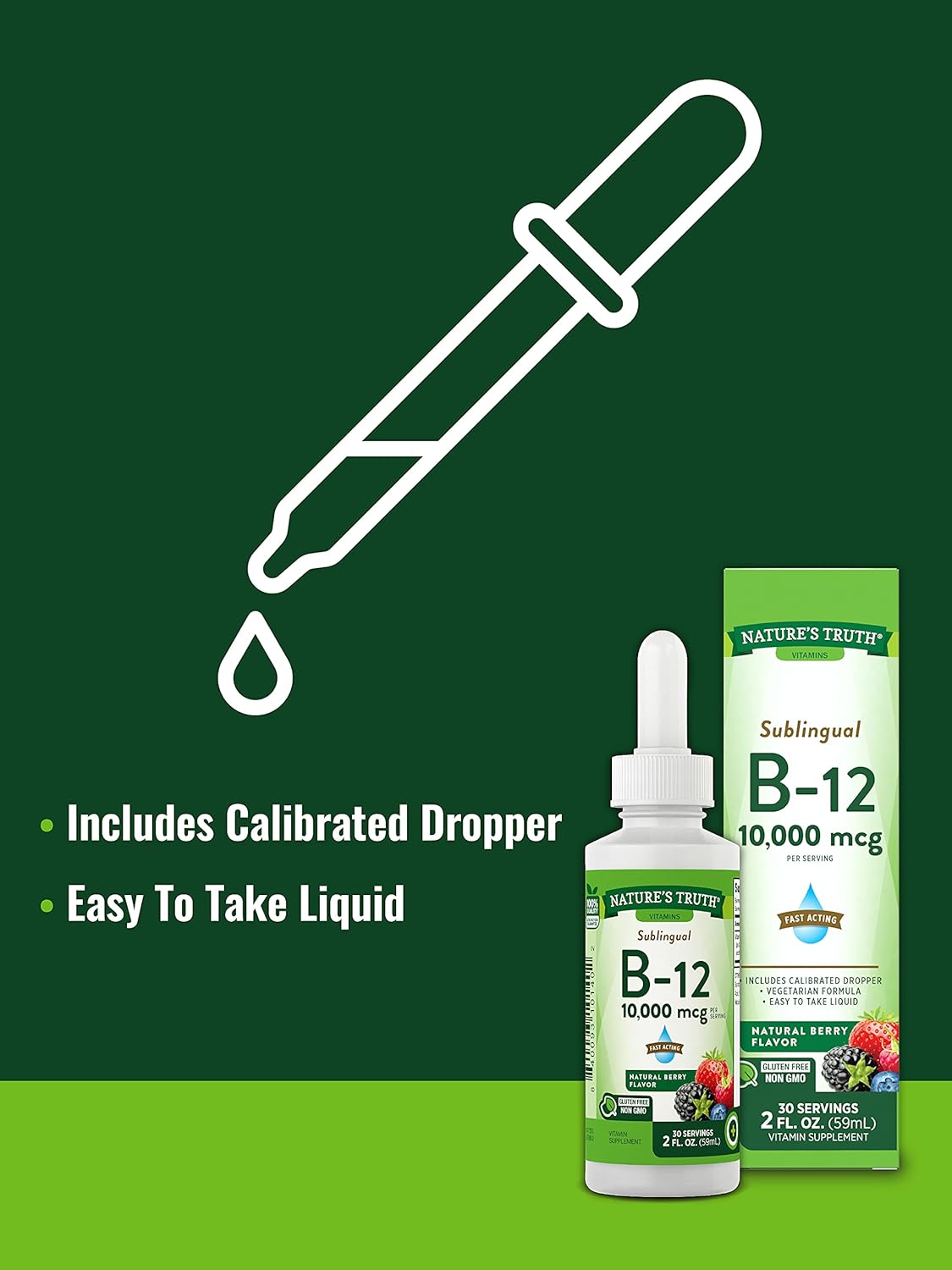 Nature's Truth Vitamin B-12 10,000 Mcg Liquid - Fast Acting Sublingual Supplement with Natural Berry Flavor - 2oz