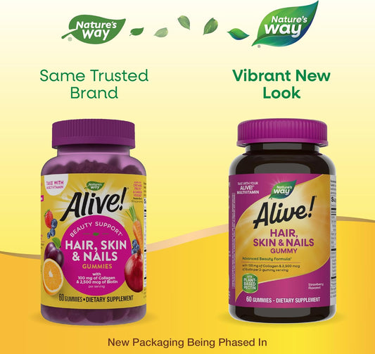 Nature's Way Alive! Hair, Skin & Nails Gummies - Advanced Beauty Formula with Biotin & Collagen - Strawberry Flavored - 120 Gummies