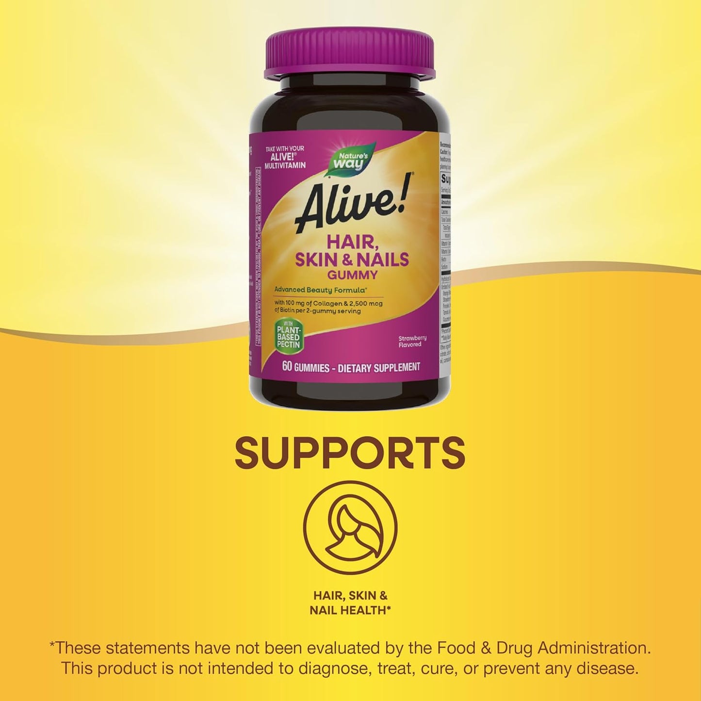 Nature's Way Alive! Hair, Skin & Nails Gummies - Advanced Beauty Formula with Biotin & Collagen - Strawberry Flavored - 120 Gummies