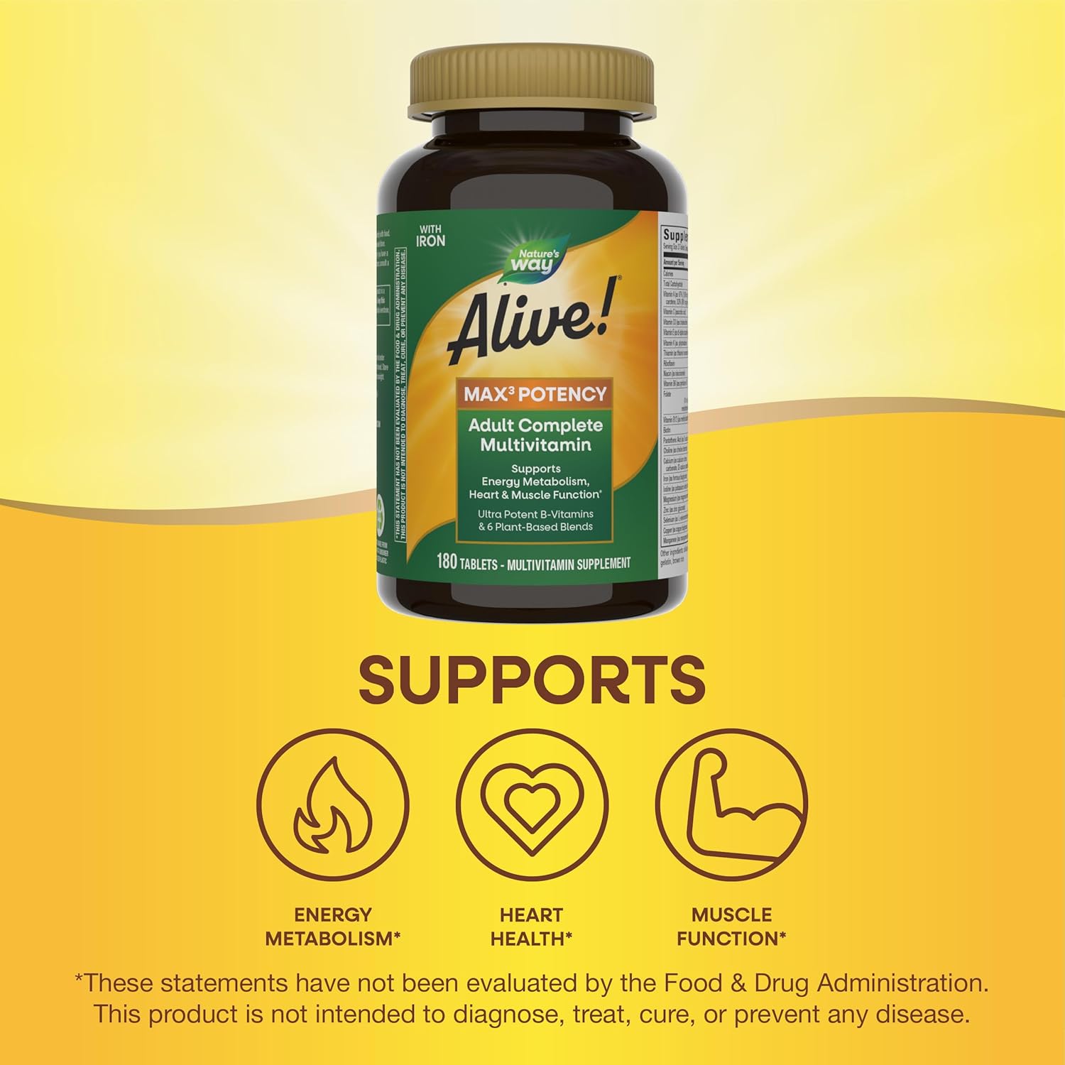 Nature's Way Alive! Max3 Potency Adult Complete Multivitamin with Ultra B-vitamins, Methylated B12 and Folate, 180 Tablets
