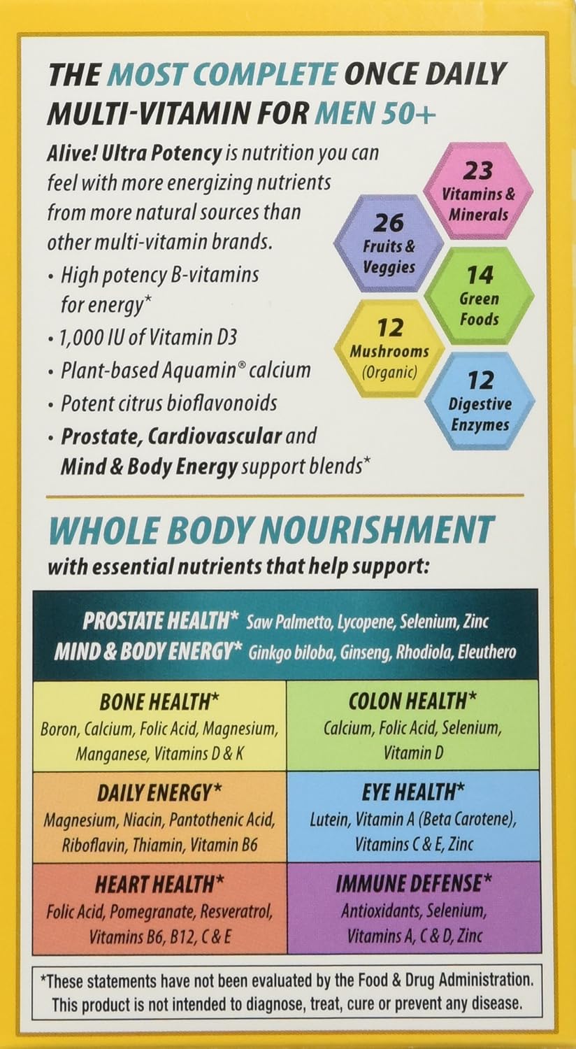 Nature's Way Alive! Men's 50+ Multivitamin, Ultra Potency, Food-Based Blends, 60 Tablets x 2 Pack, 291mg/serving