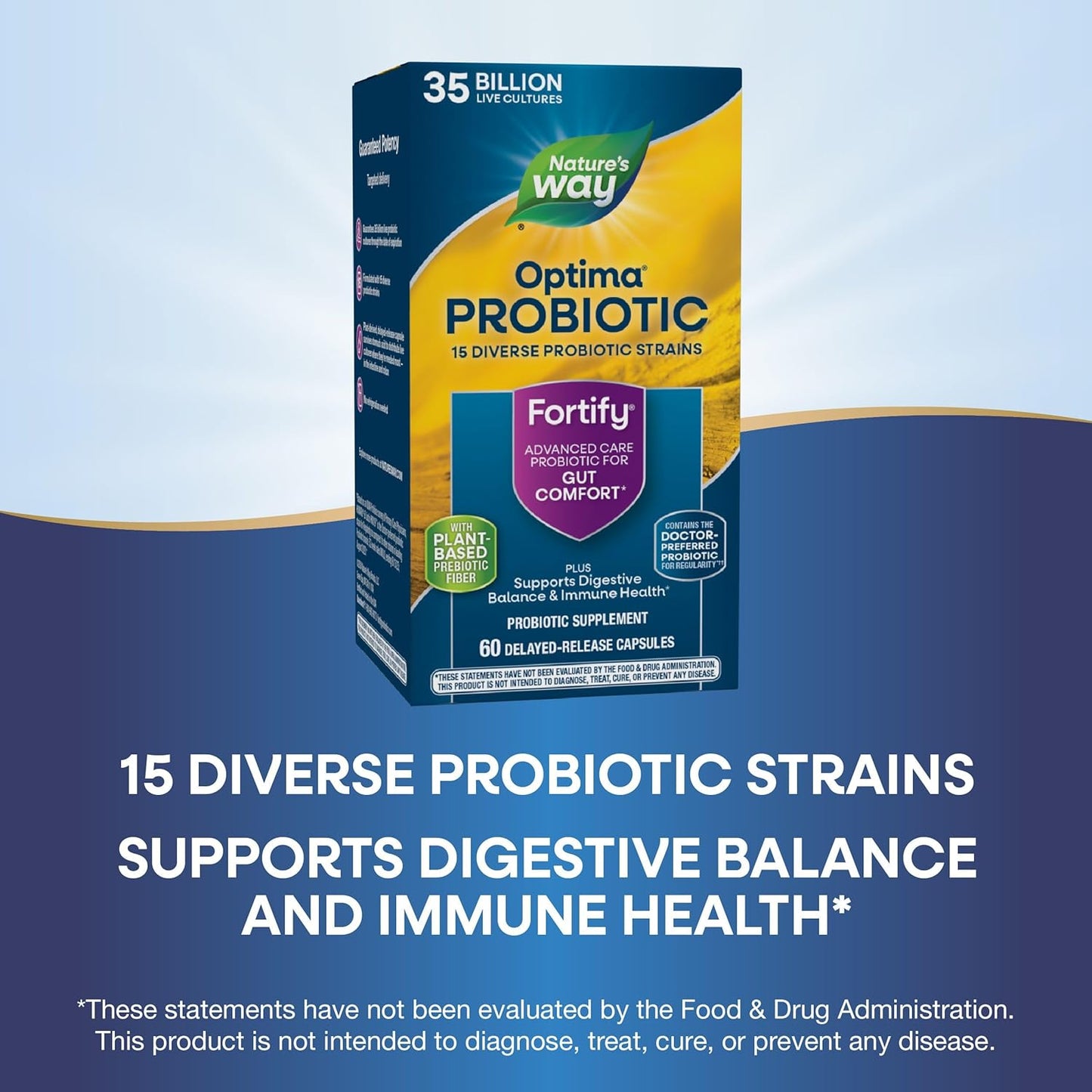 Nature's Way Fortify Optima Probiotic 35B for Adults - 15 Strains, Digestive & Immune Support, No Refrigeration, 60 Capsules