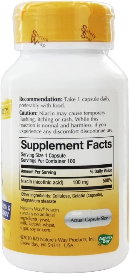 Nature's Way Niacin Vitamin B3 100mg - 100 Capsules for Heart Health and Energy Production