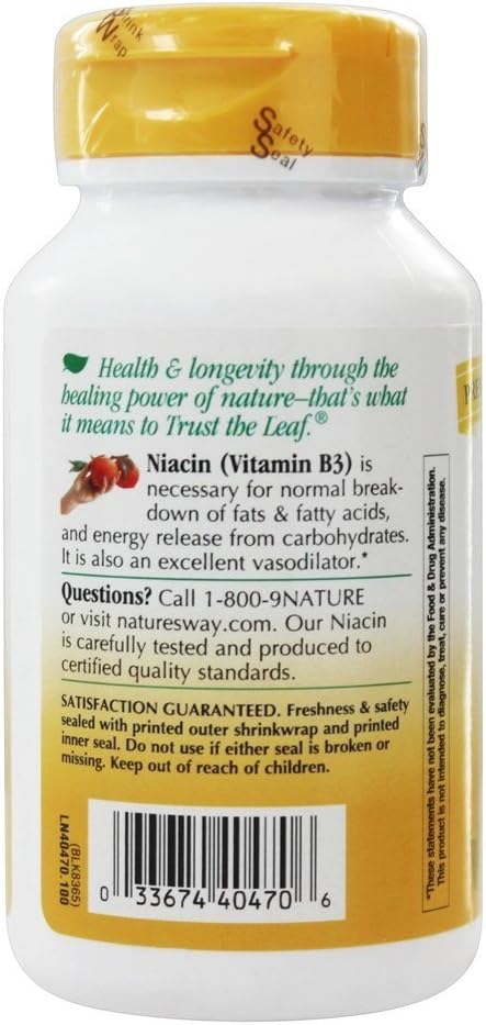Nature's Way Niacin Vitamin B3 100mg - 100 Capsules for Heart Health and Energy Production