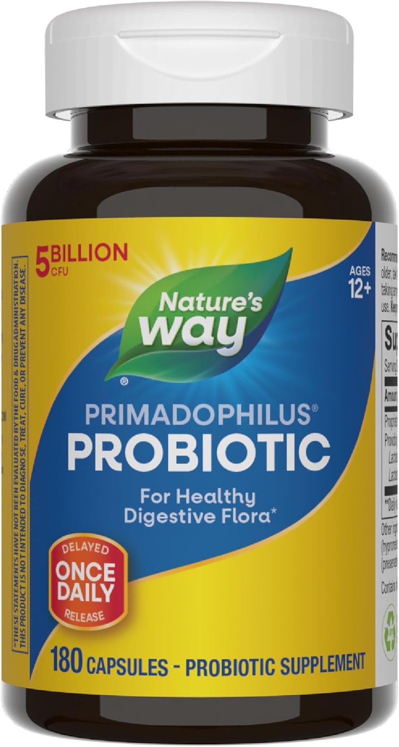 Nature's Way Primadophilus Probiotic - 5 Billion CFU, 180 Capsules for Healthy Digestive Flora - Refrigerated - Packaging May Vary