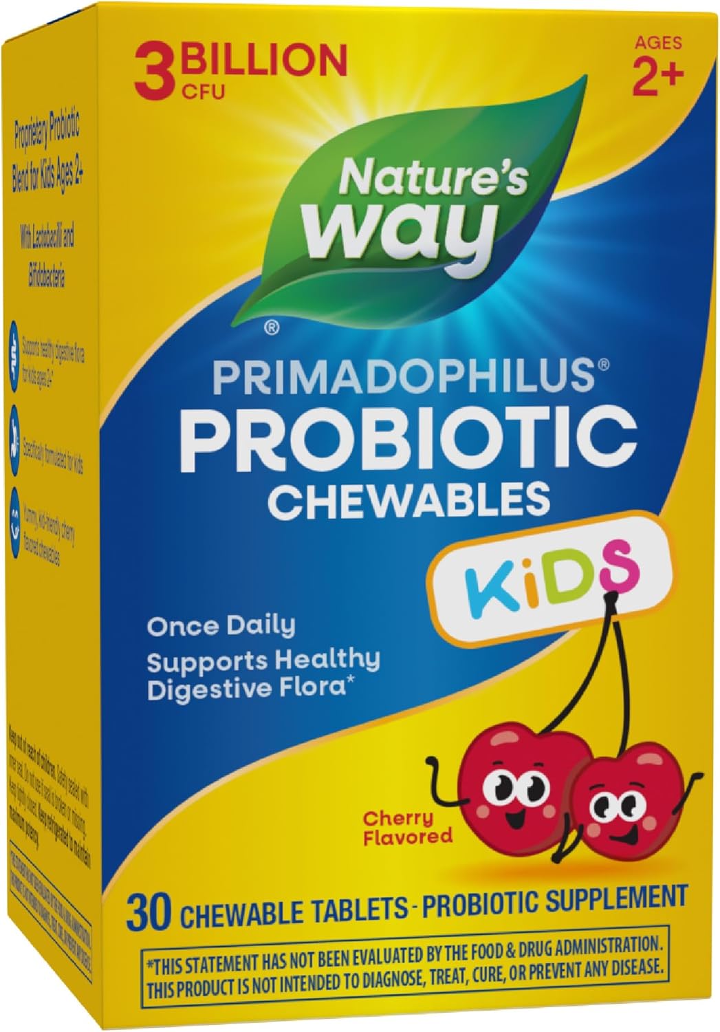 Nature's Way Primadophilus Probiotic Chewables for Kids, Cherry Flavored Digestive Support, 3 Billion CFU, Ages 2+, 30 Count