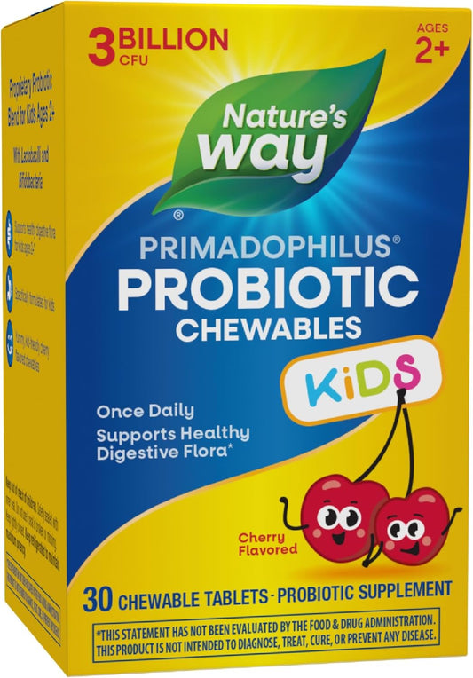 Nature's Way Primadophilus Probiotic Chewables for Kids, Cherry Flavored Digestive Support, 3 Billion CFU, Ages 2+, 30 Count