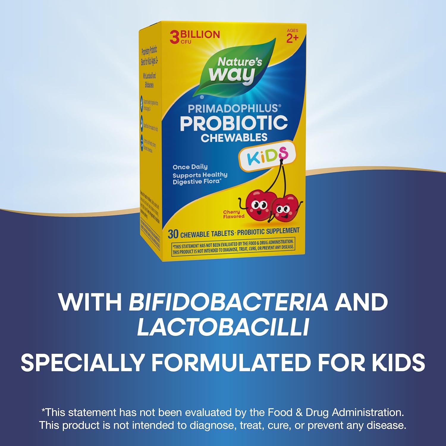 Nature's Way Primadophilus Probiotic Chewables for Kids, Cherry Flavored Digestive Support, 3 Billion CFU, Ages 2+, 30 Count