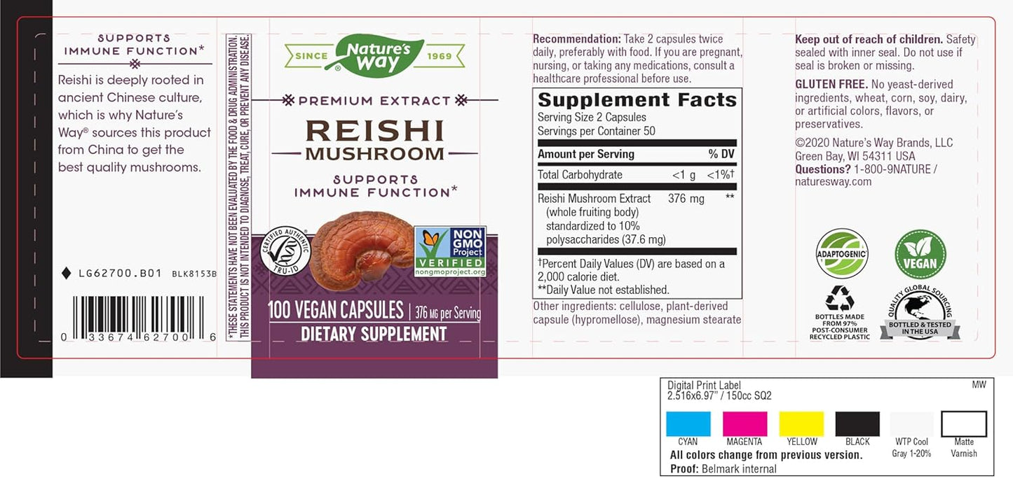 Nature's Way Reishi Mushroom Capsules - Immune Support, Non-GMO, Adaptogenic - 100 Count
