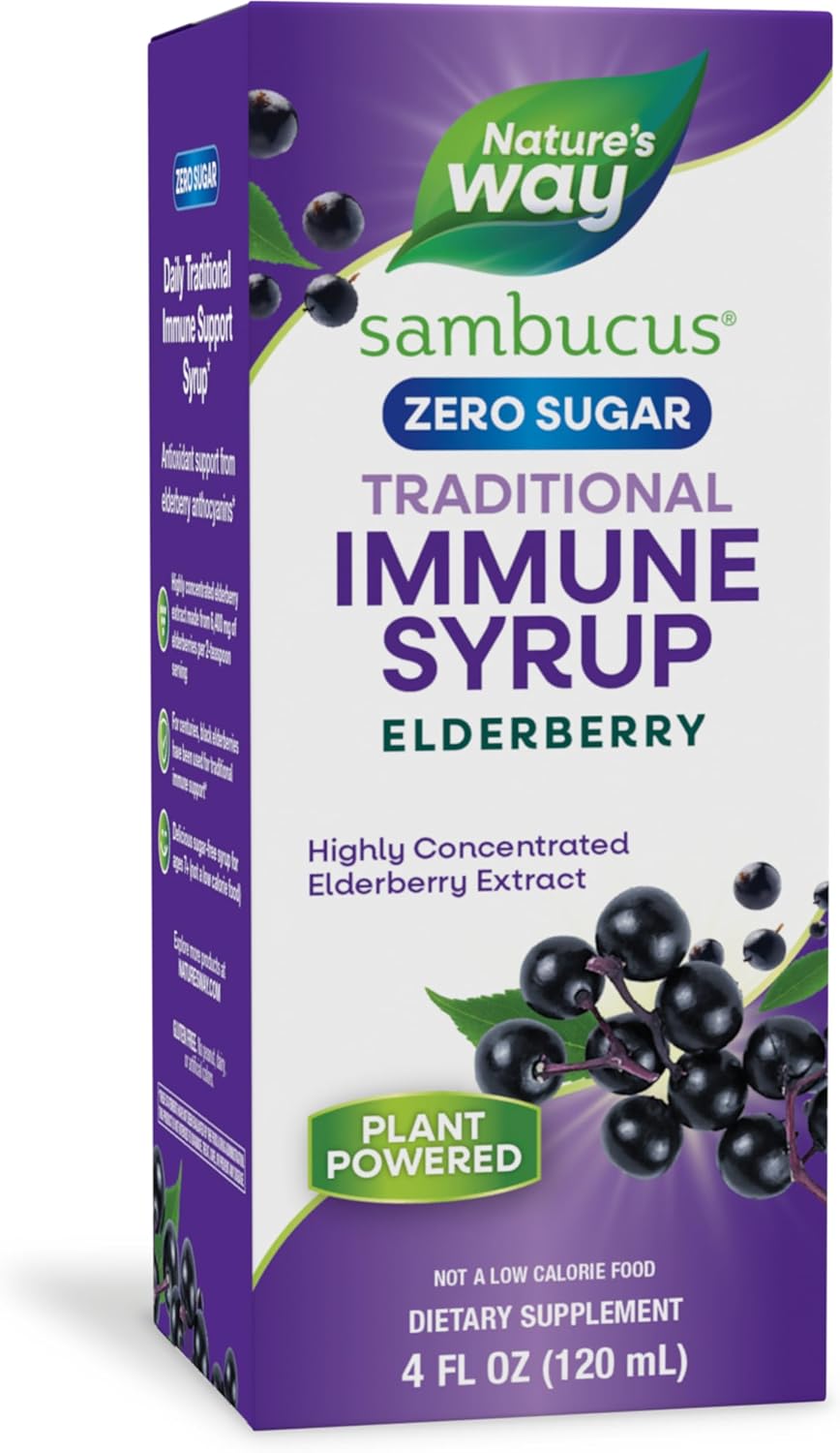 Nature's Way Sambucus Zero Sugar Immune Support Syrup, Highly Concentrated Black Elderberry Extract, Sugar-Free, Berry Flavored - 4 Fl Oz