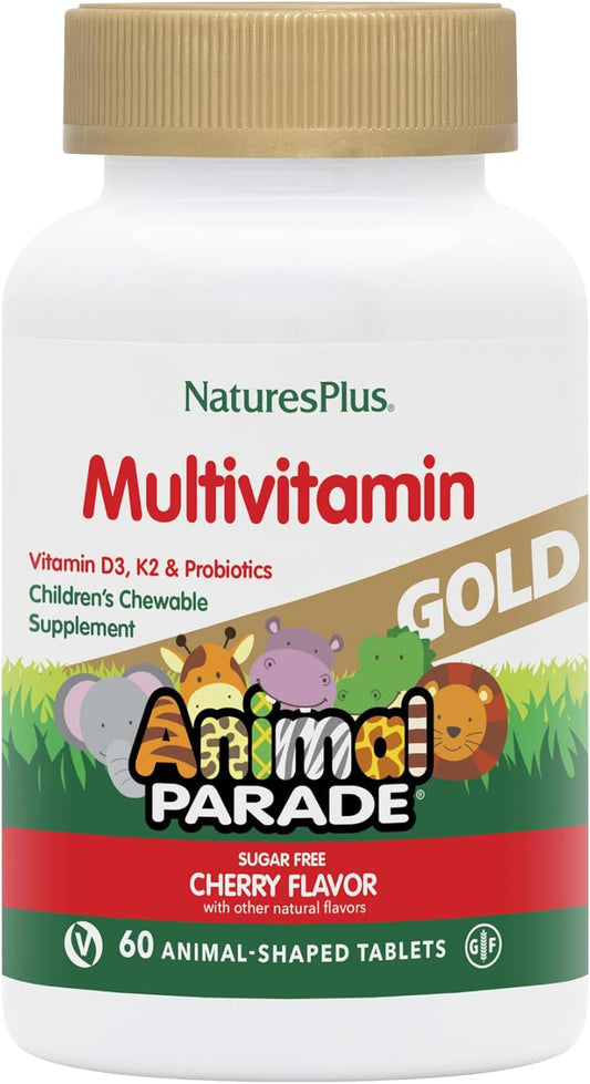 NaturesPlus Animal Parade Gold Children's Chewable Multivitamin - Cherry Flavor - 60 Tablets - Vitamin D3, K2, Probiotics - 30 Servings