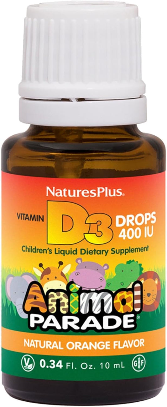 NaturesPlus Animal Parade Liquid Vitamin D3 Drops for Kids - 200 iu, 10 ML - Orange Flavor - Bone & Immune Health Support - Gluten-Free, Vegetarian - 365 Servings
