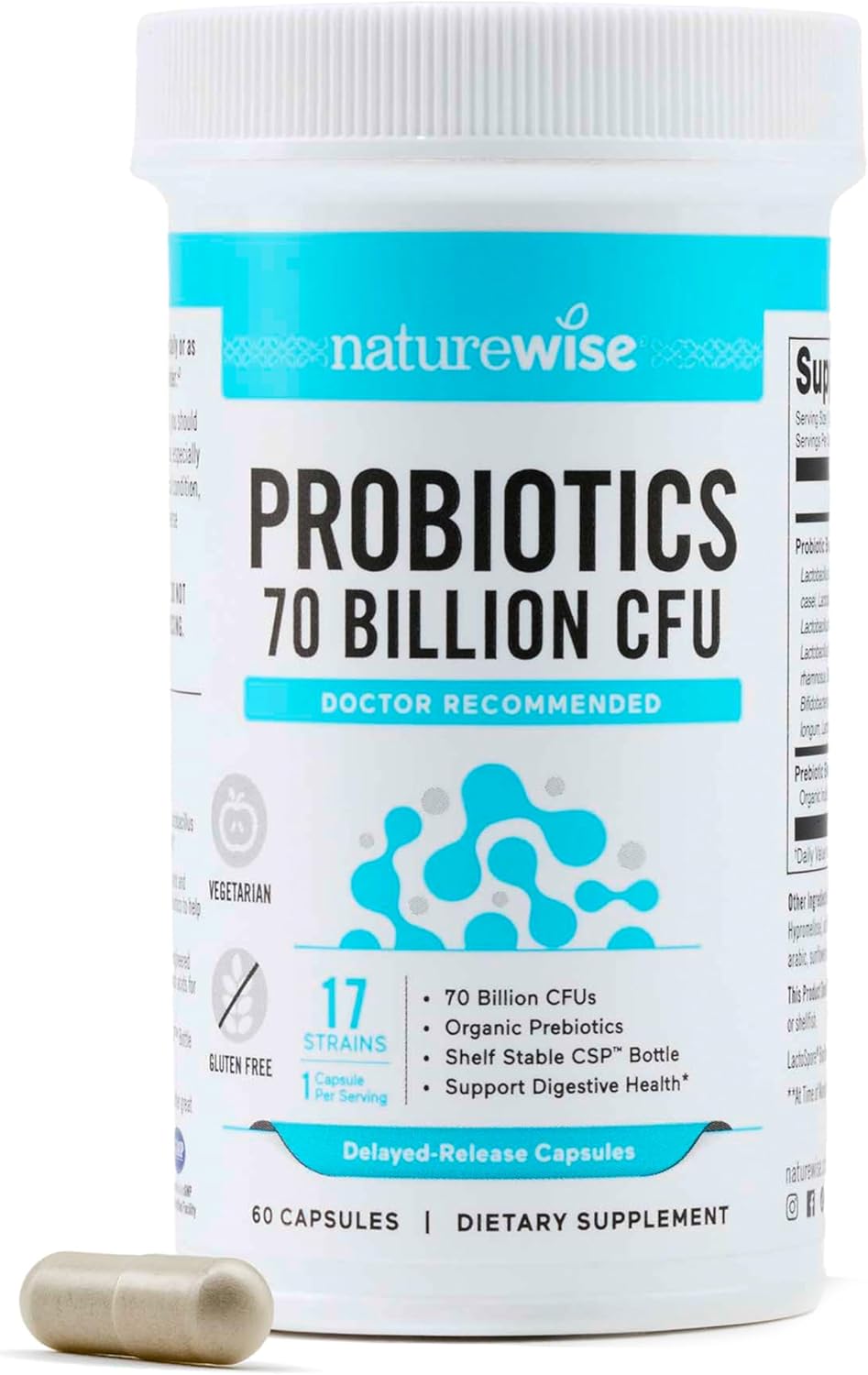 NatureWise Probiotics 70 Billion CFU with Organic Prebiotics for Immune, Digestive & Gut Health - 60 Capsules